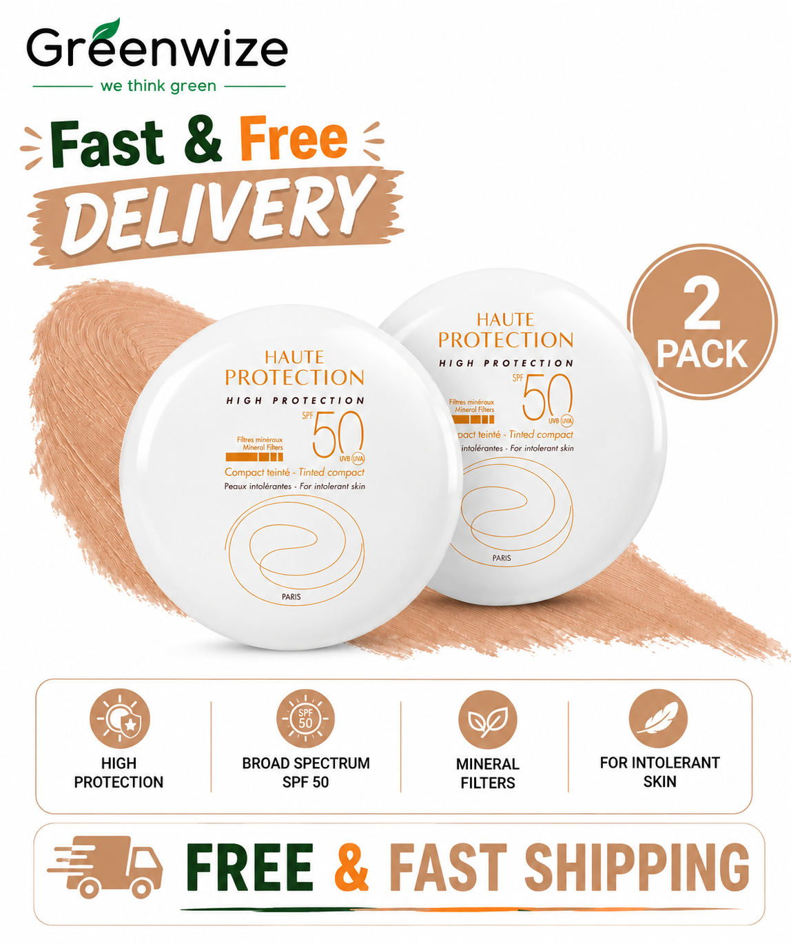 Avene Sand Haute Protection Compact Powder with SPF 50 Plus, 10 g (Pack of 2) Avene