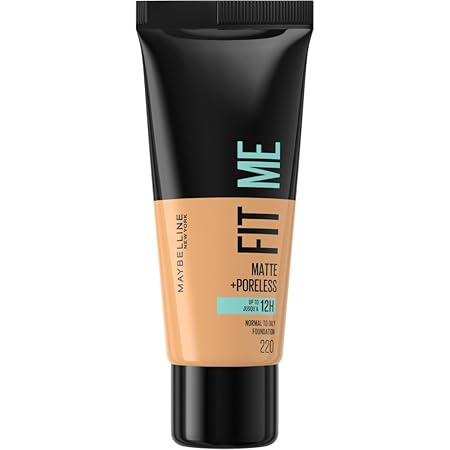 Maybelline Fit Me Foundation, Medium Coverage, Blendable With a Matte and Poreless Finish, For Normal to Oily Skin, Shade: 220 Natural Beige, 30ml Maybelline
