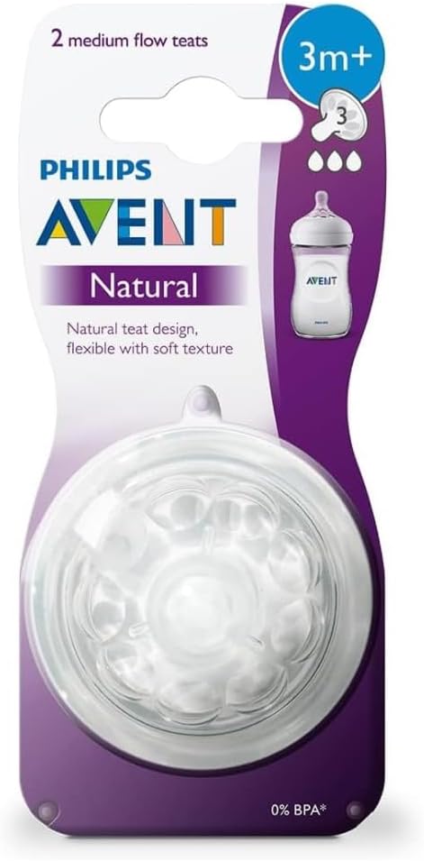 Philips Avent Natural Teat, 3 Months+, Medium Flow, Anti-Colic, Pack of 2 - SCF043/27 2 2 Count (Pack of 1) Greenwize
