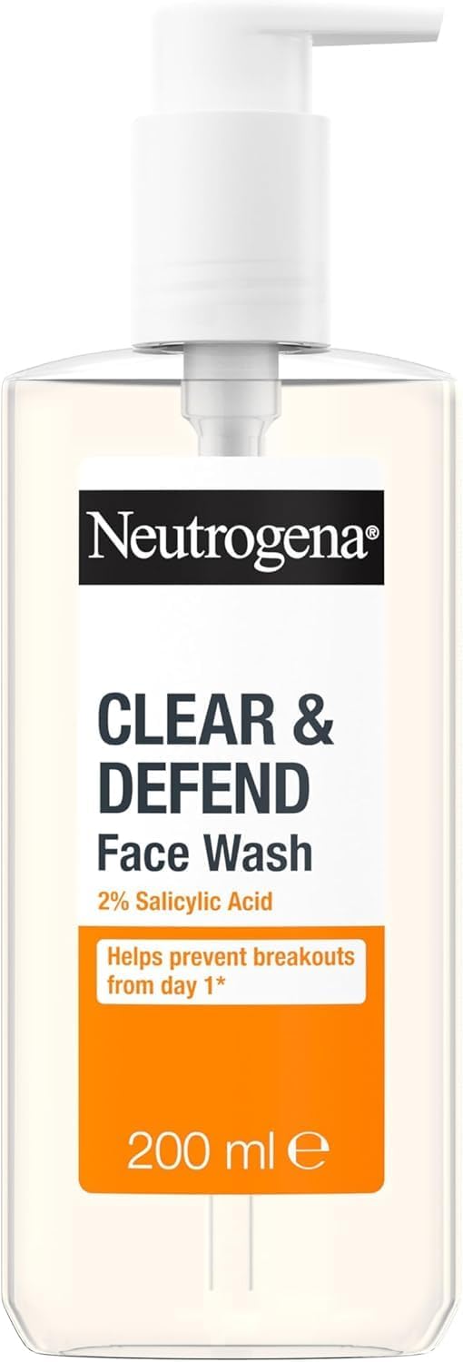 Neutrogena Clear & Defend Face Wash (1x 200ml), Oil-Free Facial Cleanser for Spot-Prone Skin, Facial Wash with Purifying 2% Salicylic Acid to Help Prevent Breakouts for Smoother, Clearer Skin Neutrogena