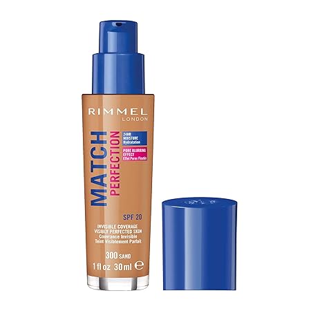 Rimmel Match Perfection Foundation 300 Sand, lMedium Coverage, 24hr Hydration, No Caking or Creasing, Lightweight, Reduces Imperfections, Invisible Coverage, SPF20, Cruelty Free Rimmel