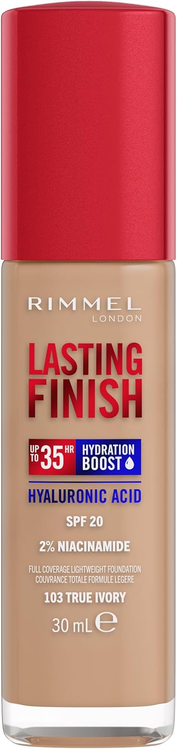 Rimmel Lasting Finish 35Hr Foundation 103 True Ivory, Full Coverage, Hydrating, SPF20, Hyaluronic Acid, Vitamin E, 2% Niacinamide, All Day Wear, Vegan, Cruelty Free Greenwize