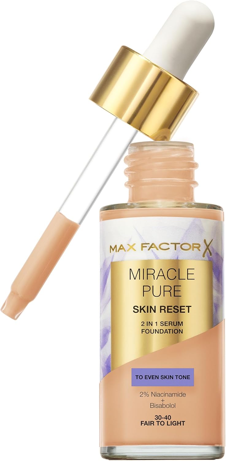 Max Factor Miracle Pure Skin Reset Serum Foundation 30-40 Fair to Light, 2-in-1 Serum Formula, Healthy Looking Skin, Medium Coverage, Satin Matte Finish, 2% Niacinamide, Dermatologically Tested Max Factor