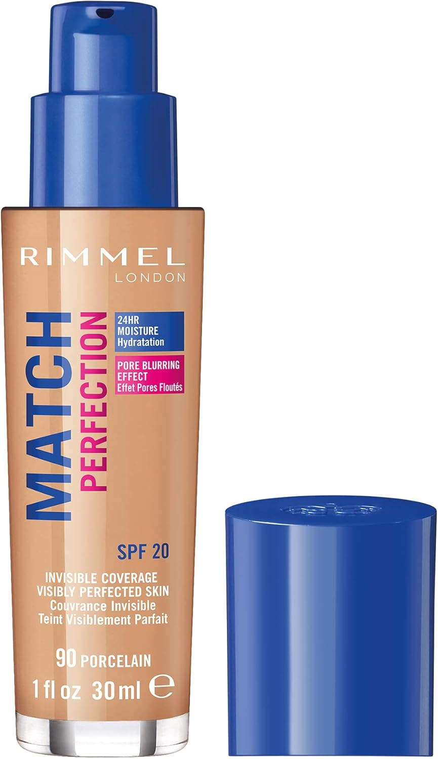 Rimmel Match Perfection Foundation 090 Porcelain, Medium Coverage, 24hr Hydration, No Caking or Creasing, Lightweight, Reduces Imperfections, Invisible Coverage, SPF20, Cruelty Free Greenwize