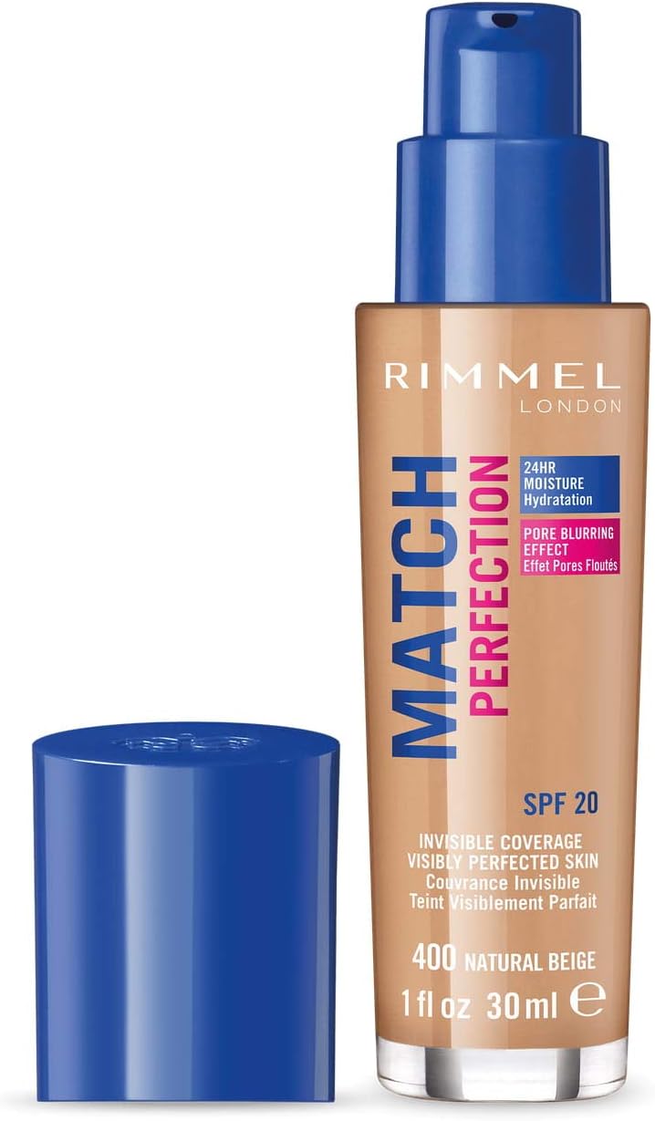 Rimmel Match Perfection Foundation 400 Natural Beige, Medium Coverage, 24hr Hydration, No Caking or Creasing, Lightweight, Reduces Imperfections, Invisible Coverage, SPF20, Cruelty Free Rimmel