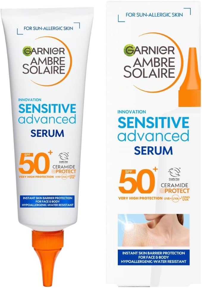 Garnier Ambre Solaire SPF 50+ Sensitive Advanced Sun Protection Serum Face & Body with Ceramide, High Protection UVB UVA, Non-Sticky, No White Cast, Water-Resistant, Fragrance Free 125ml Greenwize