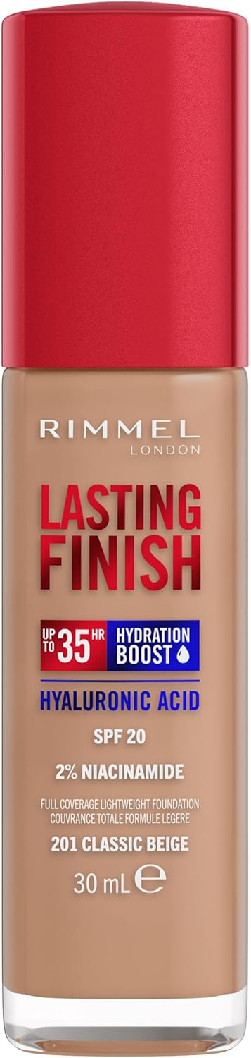 Rimmel Lasting Finish 35Hr Foundation 201 Classic Beige, Full Coverage, Hydrating, SPF20, Hyaluronic Acid, Vitamin E, 2% Niacinamide, All Day Wear, Vegan, Cruelty Free Rimmel
