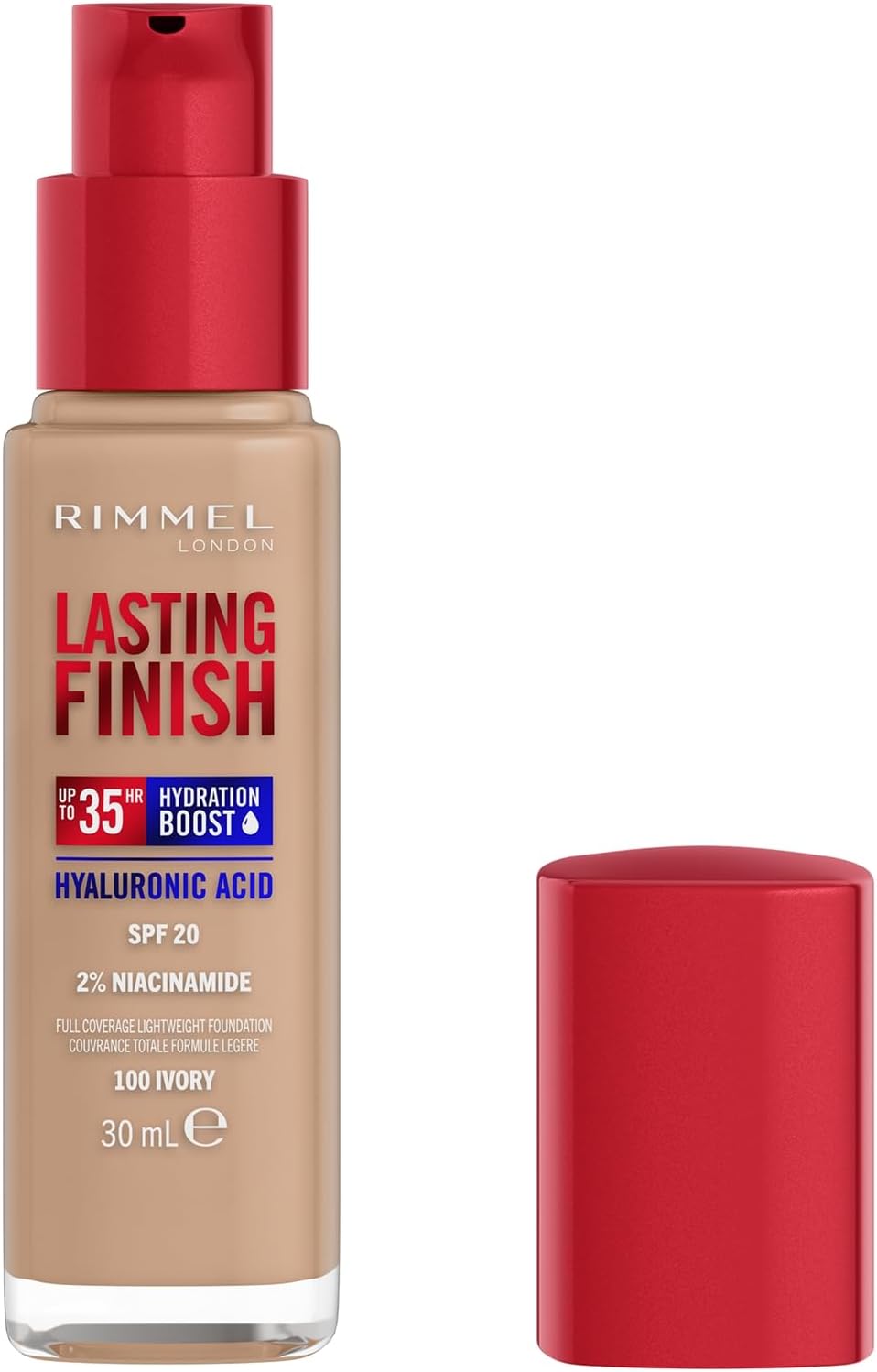 Rimmel Lasting Finish 35Hr Foundation 100 Ivory, Full Coverage, Hydrating, SPF20, Hyaluronic Acid, Vitamin E, 2% Niacinamide, All Day Wear, Vegan, Cruelty Free Rimmel