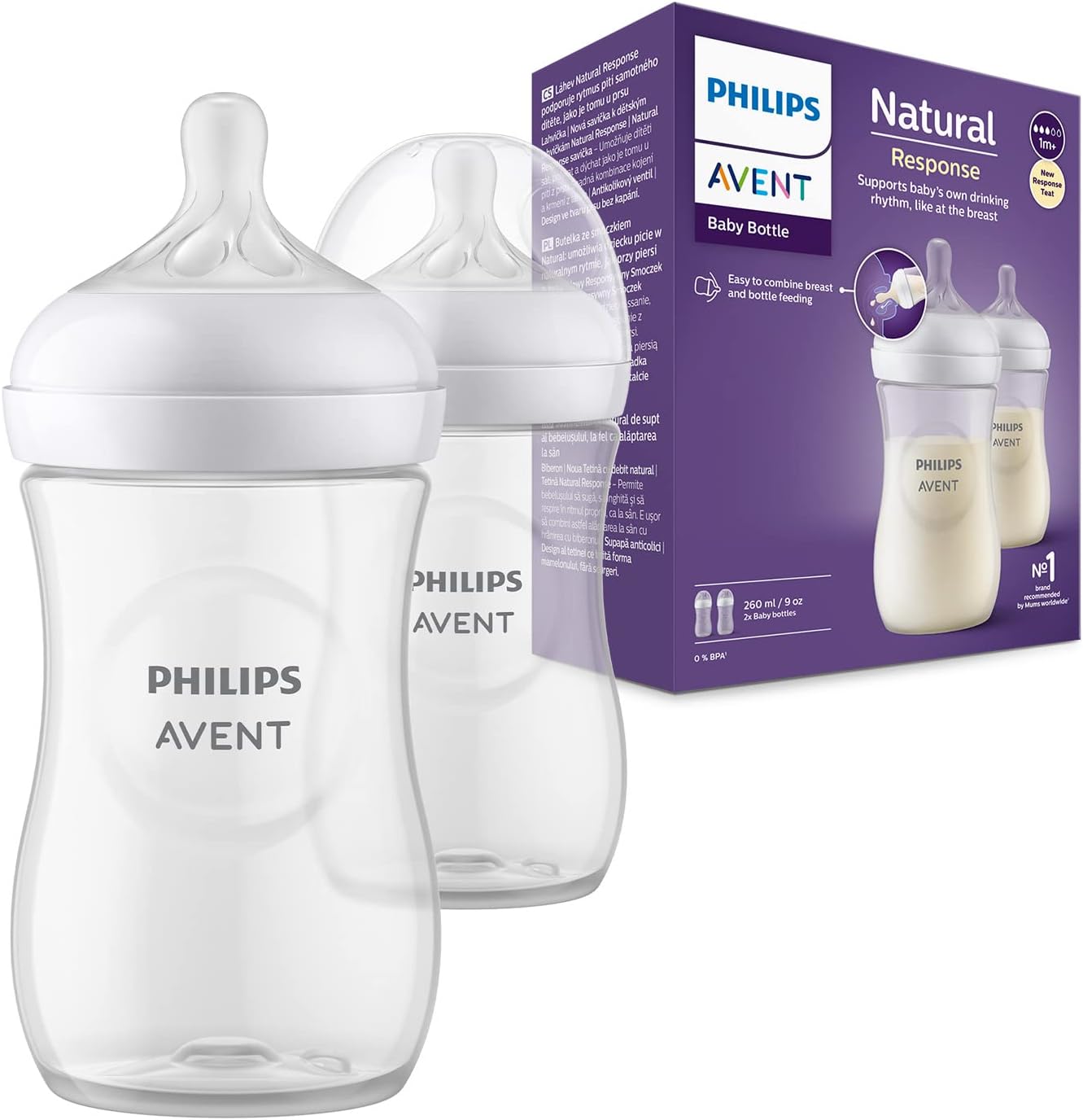 Philips Avent Natural Response Baby Bottle - 2 x 260ml Baby Milk Bottle for Newborns and Up, BPA Free, 1+ Months (Model SCY903/02) Greenwize