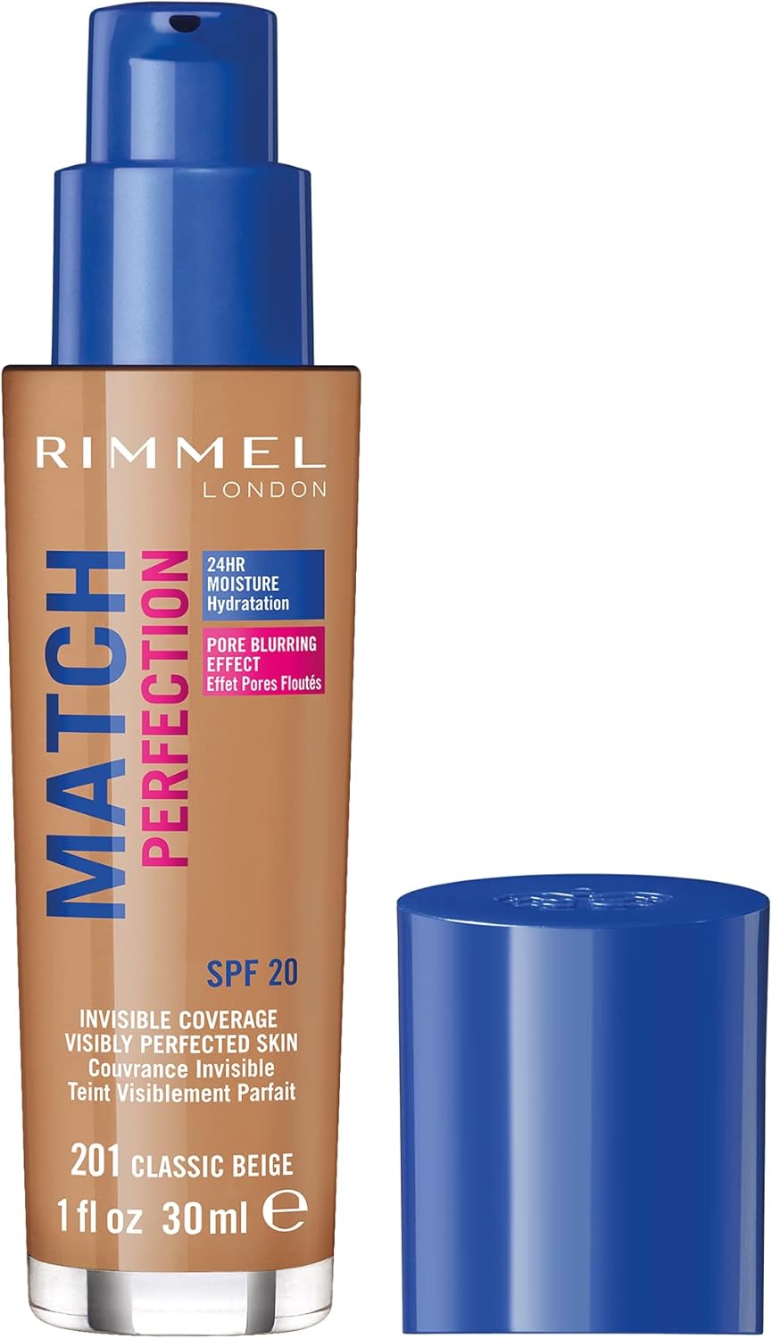 Rimmel Match Perfection Foundation 201 Classic Beige, Medium Coverage, 24hr Hydration, No Caking or Creasing, Lightweight, Reduces Imperfections, Invisible Coverage, SPF20, Cruelty Free Greenwize