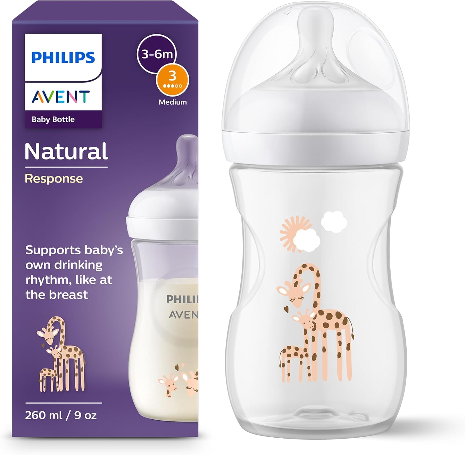 Philips Avent Natural Response Baby Bottle - 260ml Baby Milk Bottle, BPA Free for Babies 1 Month+, Giraffe Pattern (Model SCY903/66) Philips