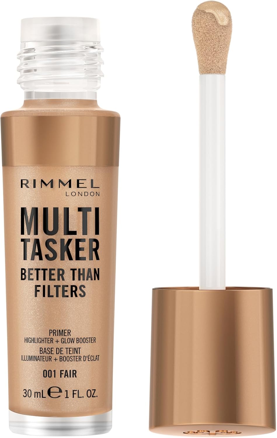Rimmel Multi Tasker Better Than Filters, 001 Fair, 3 in 1 Face Primer, Glow Booster and Highlighter, Flawless Finish, Infused with Vitamin C and E, Maxi Soft Applicator, Vegan, 30ml Rimmel