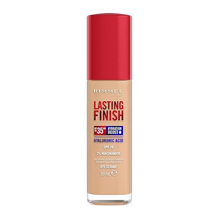Rimmel Lasting Finish 35Hr Foundation 070 Sesame, Full Coverage, Hydrating, SPF20, Hyaluronic Acid, Vitamin E, 2% Niacinamide, All Day Wear, Vegan, Cruelty Free Rimmel