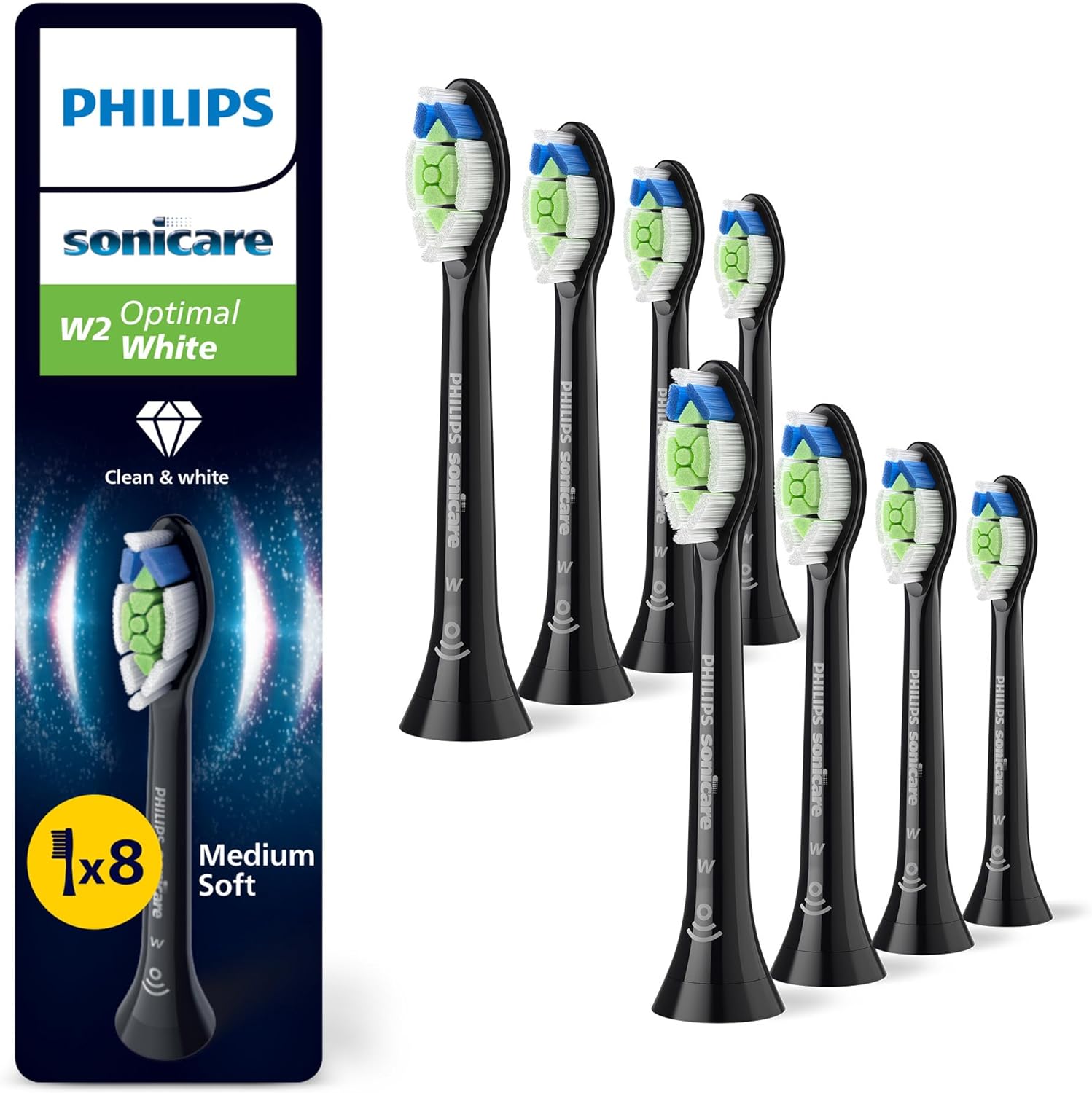 Philips Sonicare W2 Optimal White, Genuine Replacement Toothbrush Heads, Black, 8 Pack, HX6068/88 Philips