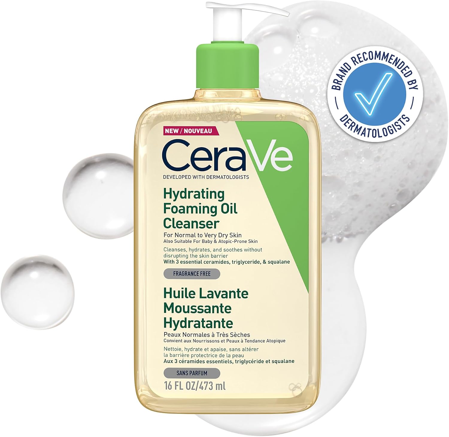 CeraVe Hydrating Foaming Oil Cleanser for Normal to Very Dry Skin with Squalane, Triglyceride and 3 Essential Ceramides, For Face and Body CeraVe