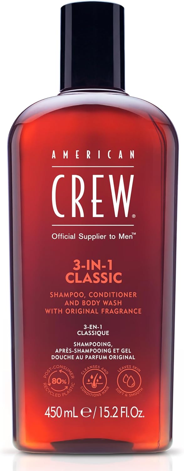REVLON PROFESSIONAL American Crew 3-In-1 Shampoo, Conditioner & Body Wash with Long Lasting Scent to Cleanse & Condition Hair Styling & Skincare for Men 450 ml (Pack of 1) transparent Greenwize