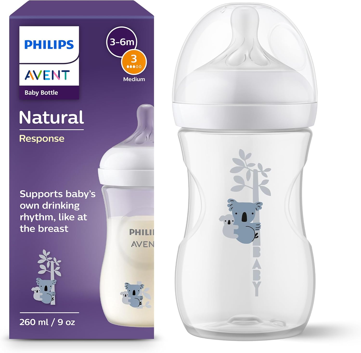 Philips Avent Natural Response Baby Bottle - 260ml Baby Milk Bottle, BPA Free for Babies 1 Month+, Koala Pattern (Model SCY903/67) Philips