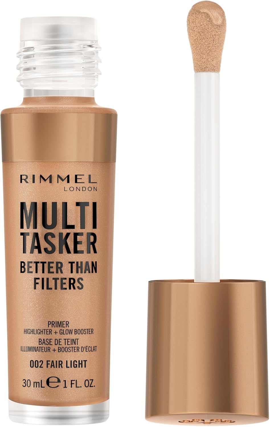 Rimmel Multi Tasker Better Than Filters, 002 Fair Light, 3 in 1 Face Primer, Glow Booster and Highlighter, Flawless Finish, Infused with Vitamin C and E, Maxi Soft Applicator, Vegan, 30ml Rimmel