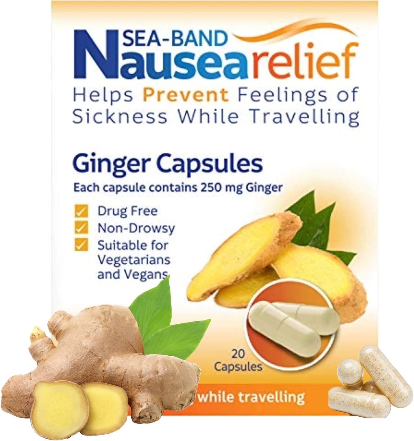 Sea-Band Travel Sickness Ginger Capsules (20 Capsules) for Adults and Children Over 12 Years, for Motion and Nausea Relief (Pack of 1) Sea-Band