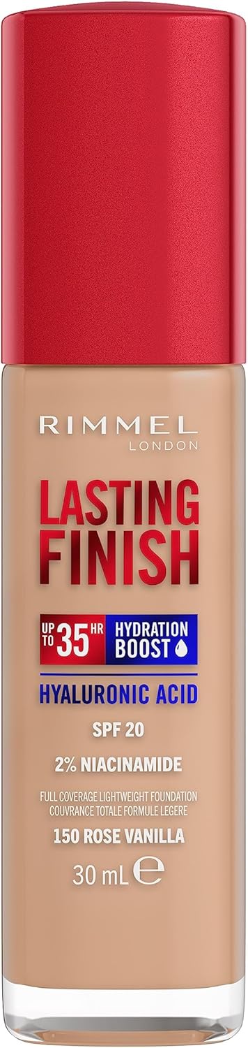 Rimmel Lasting Finish 35Hr Foundation 150 Rose Vanilla, Full Coverage, Hydrating, SPF20, Hyaluronic Acid, Vitamin E, 2% Niacinamide, All Day Wear, Vegan, Cruelty Free Rimmel
