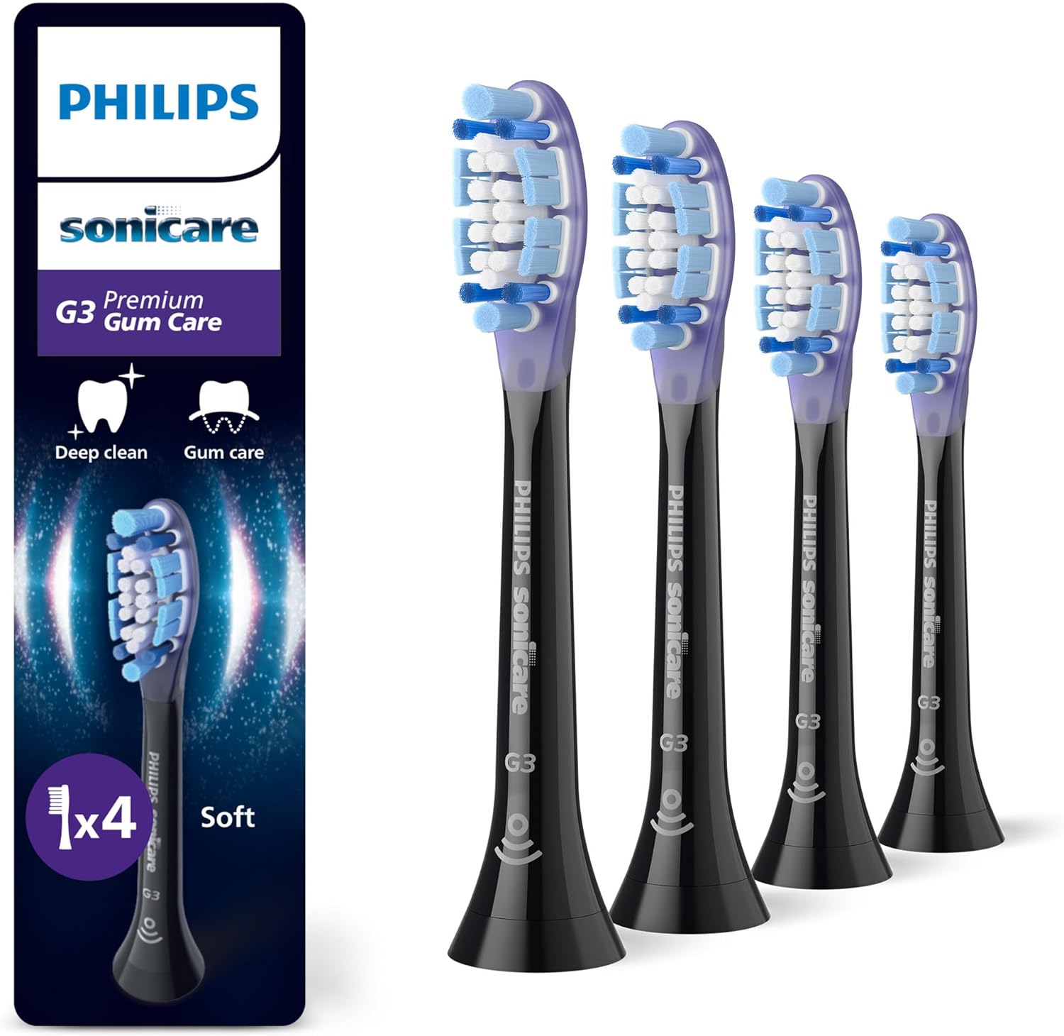 Philips Sonicare G3 Premium Gum Care, Genuine Replacement Toothbrush Heads Black 4 Pack PHILIPS
