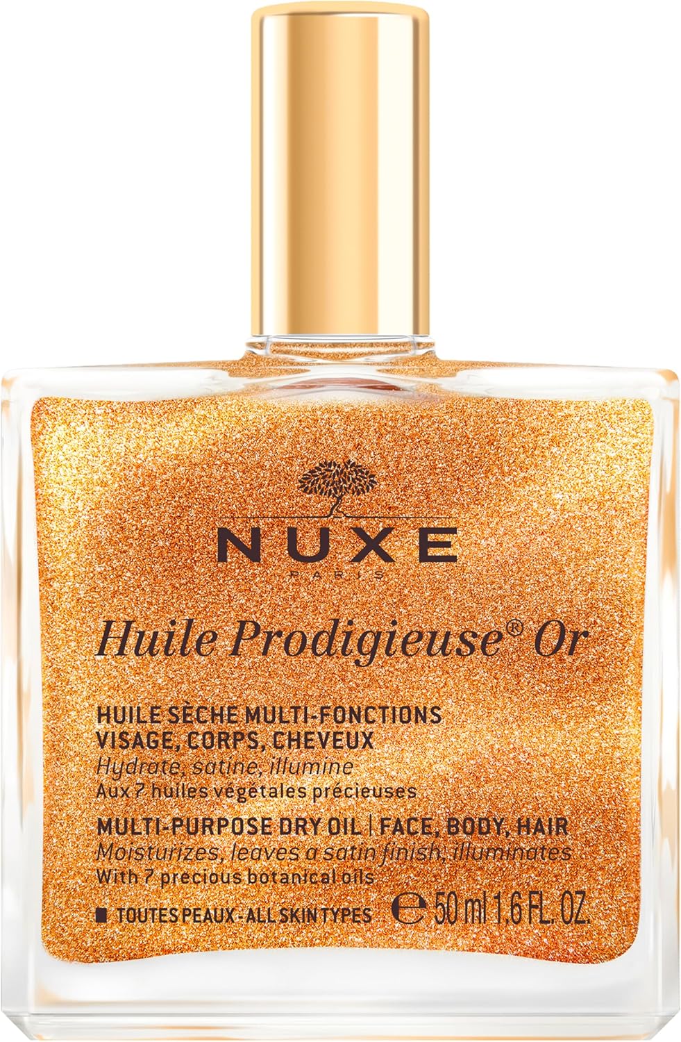 NUXE Huile Prodigieuse Shimmering Dry Oil 50ml, Gold-Flecked Dry Oil, Illuminates & Softens Face, Body & Hair, Multi-Purpose Nourishment, Vegan Formula Greenwize
