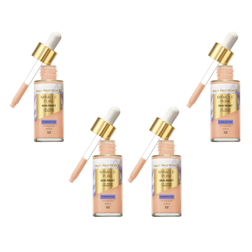 Max Factor Miracle Pure Skin Reset Serum Foundation 10-30 Fair, 2-in-1 Serum Formula, Healthy Looking Skin, Medium Coverage, Satin Matte Finish, 2% Niacinamide, Dermatologically Tested (Pack of 4) Max Factor