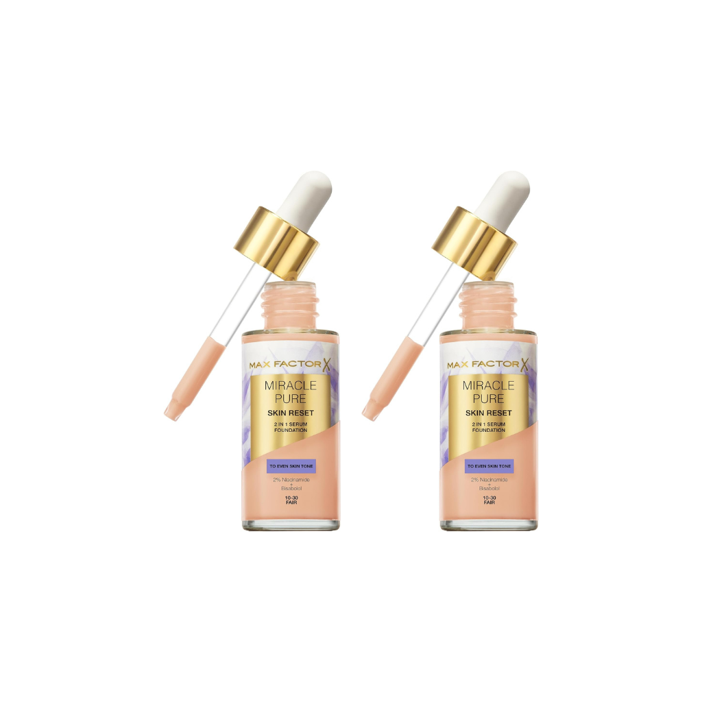 Max Factor Miracle Pure Skin Reset Serum Foundation 10-30 Fair, 2-in-1 Serum Formula, Healthy Looking Skin, Medium Coverage, Satin Matte Finish, 2% Niacinamide, Dermatologically Tested (Pack of 2) Max Factor