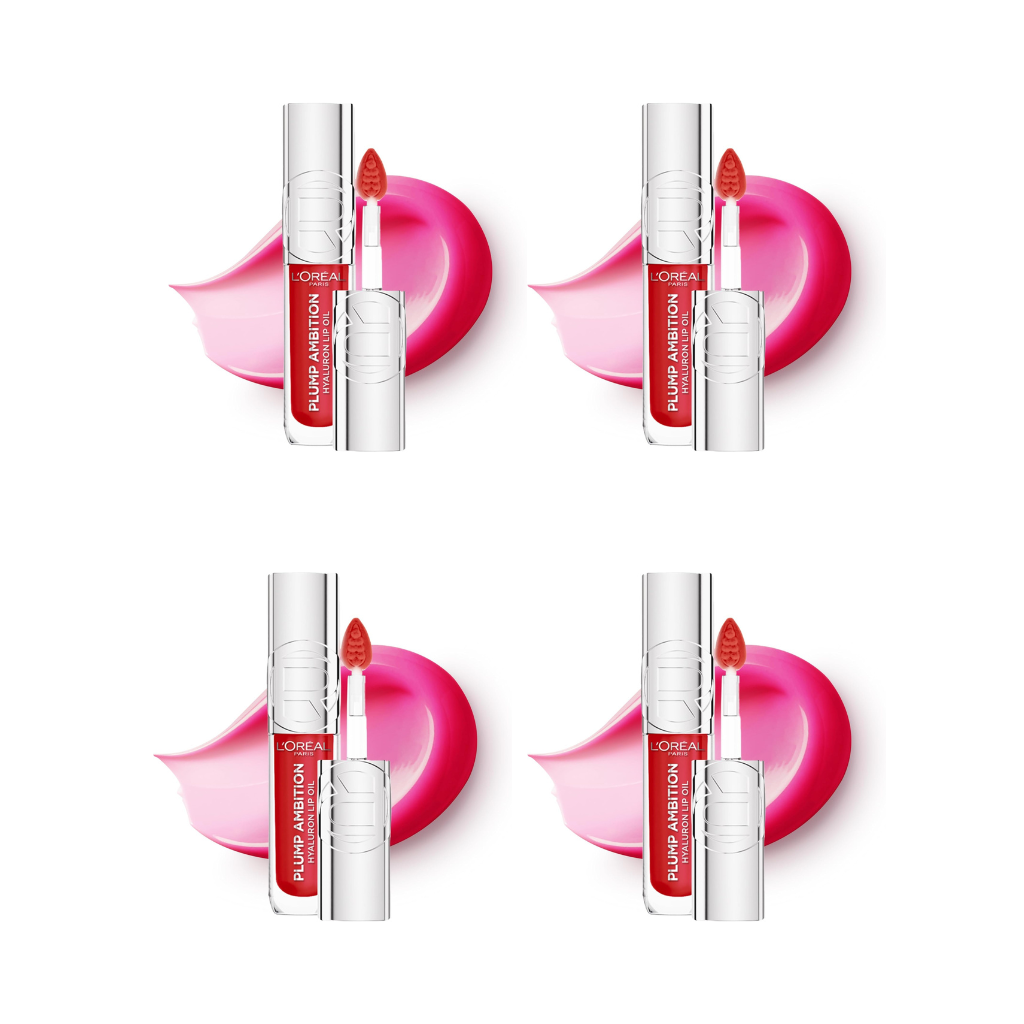 L'Oreal Paris Lip Oil, Plump Ambition with Hyaluronic Acid & Tripeptides, Smoother & Plumper Lip Appearance, Glass-Like Finish, Shade 380 Rouge in Love, 5ml (Pack of 4) LOreal Paris