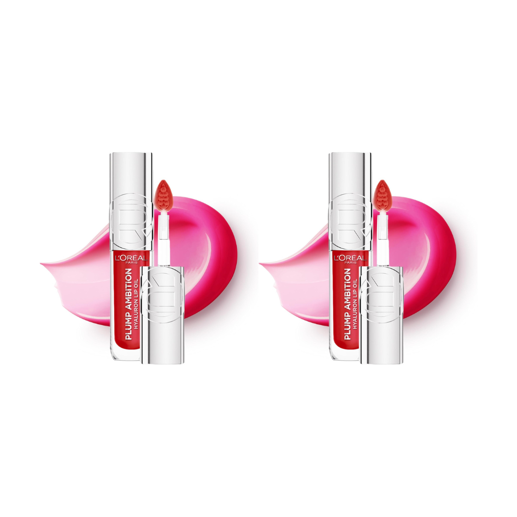 L'Oreal Paris Lip Oil, Plump Ambition with Hyaluronic Acid & Tripeptides, Smoother & Plumper Lip Appearance, Glass-Like Finish, Shade 380 Rouge in Love, 5ml (Pack of 2) LOreal Paris