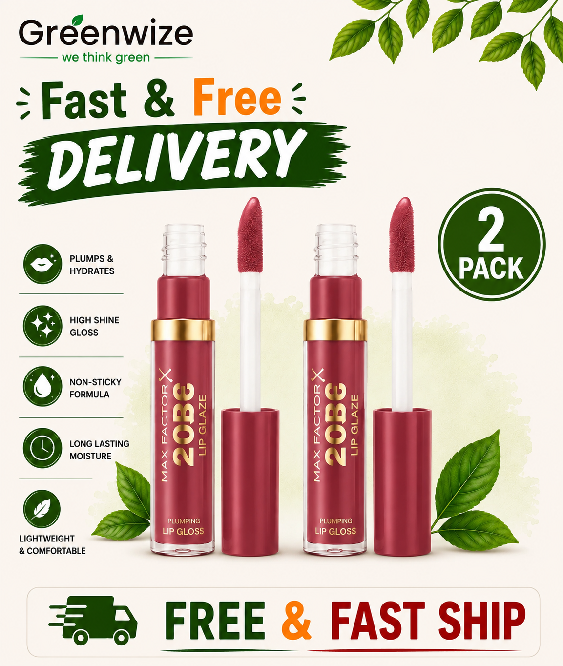 Max Factor 2000 Calorie Lip Glaze Berry Sorbet, Full Shine Lip Gloss, Nourishing with Hyaluronic Acid & Squalane, Instant Plump, Non-Sticky, Vanilla-Milk Scent, Fuller Looking Lips (Pack of 2) Max Factor