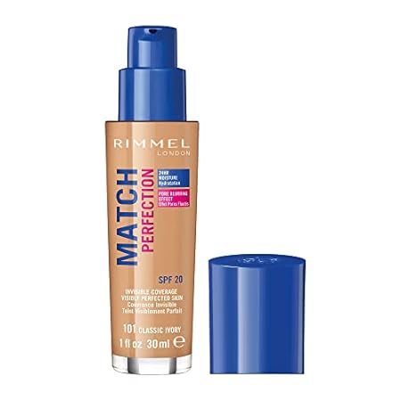 Rimmel Match Perfection Foundation 101 Classic Ivory, Medium Coverage, 24hr Hydration, No Caking or Creasing, Lightweight, Reduces Imperfections, Invisible Coverage, SPF20, Cruelty Free Rimmel