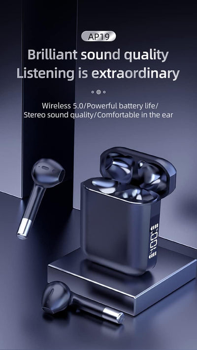 E AP19 In Ear Wireless Earbuds, Noise Cancelling Bluetooth 5.0 Headphones for Music, Games and Calls, Smart Touch Controls, LED Screen Display Charging Case, IPX5 Waterproof,White Greenwize