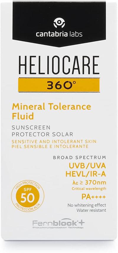 Heliocare 360 Mineral Tolerance Fluid SPF50 50ml / Mineral Sunscreen For Face/Daily UVA UVB Visible Light and infrared-A Hypoallergenic Sun Protection/Silky Transparent Finish, White Greenwize