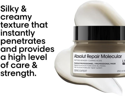 L’Oréal Professionnel Absolut Repair Molecular Hair Mask 250ml, For Extremely Damaged Hair, Rinse off hair treatment, Molecular Bond Repair, Instant smoothness & shine Greenwize
