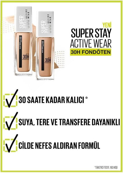 Maybelline New York Super Stay Active Wear, waterproof foundation with high coverage, long-lasting facial make-up, colour: No. 21 Nude Beige (Light), 1 x 30 ml Greenwize