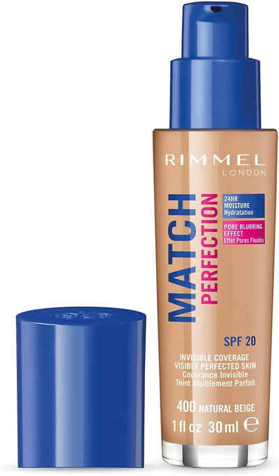 Rimmel Match Perfection Foundation 400 Natural Beige, Medium Coverage, 24hr Hydration, No Caking or Creasing, Lightweight, Reduces Imperfections, Invisible Coverage, SPF20, Cruelty Free Rimmel