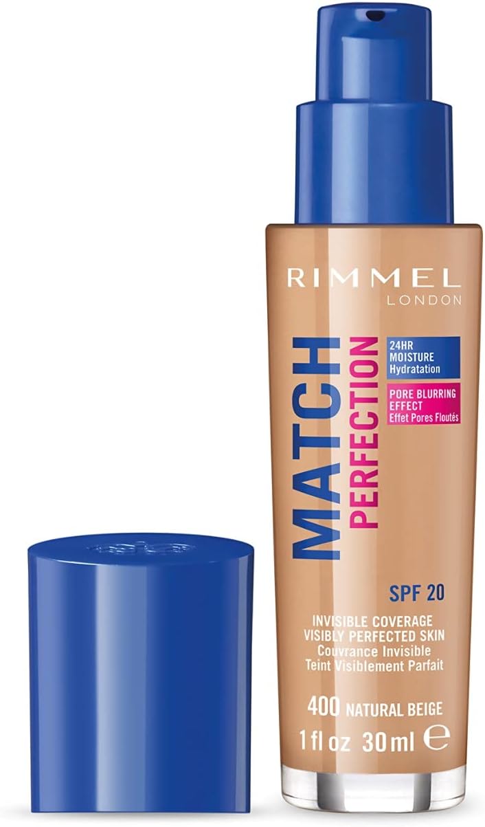 Rimmel Match Perfection Foundation 400 Natural Beige, Medium Coverage, 24hr Hydration, No Caking or Creasing, Lightweight, Reduces Imperfections, Invisible Coverage, SPF20, Cruelty Free Rimmel