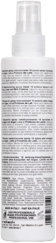 Fanola Restructuring Spray Mask 10 Actions, Nourishing Boost to Recover Softness and Shine for Dry and Frizzy Hair, Enriched Formula with Argan Oil and Milk Proteins, 200 Greenwize