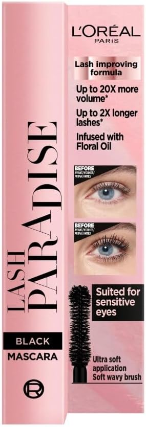 L'Oréal Paris Intense Volume Mascara, Volumising and Lengthening, Infused with Castor and Floral Oils to Condition Eyelashes, Suitable for Sensitive Eyes, Soft Fibre Brush, Lash Paradise, Black L'Oreal Paris