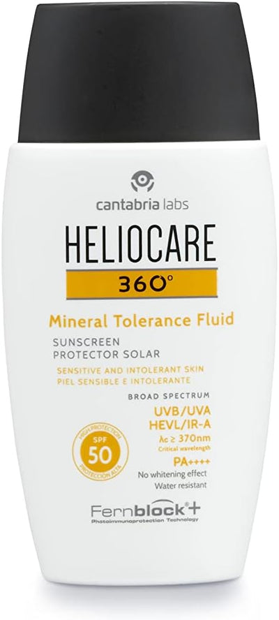 Heliocare 360 Mineral Tolerance Fluid SPF50 50ml / Mineral Sunscreen For Face/Daily UVA UVB Visible Light and infrared-A Hypoallergenic Sun Protection/Silky Transparent Finish, White Greenwize
