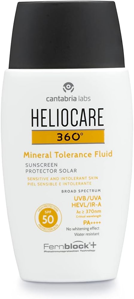 Heliocare 360 Mineral Tolerance Fluid SPF50 50ml / Mineral Sunscreen For Face/Daily UVA UVB Visible Light and infrared-A Hypoallergenic Sun Protection/Silky Transparent Finish, White Greenwize