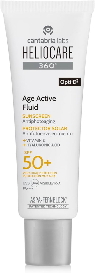 Heliocare 360° Age Active Fluid, SPF50 Sun Cream with Fernblock+® Technology to Protect Against UVA, UVB, isible Light aVnd Infrared A-Rays, Anti-Ageing, Water and Sweat Resistant, Vegan (50ml) Heliocare