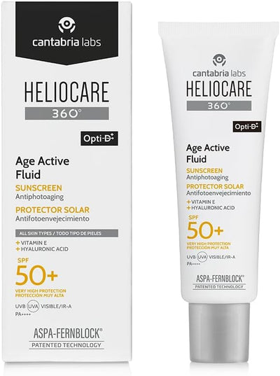 Heliocare 360° Age Active Fluid, SPF50 Sun Cream with Fernblock+® Technology to Protect Against UVA, UVB, isible Light aVnd Infrared A-Rays, Anti-Ageing, Water and Sweat Resistant, Vegan (50ml) Heliocare