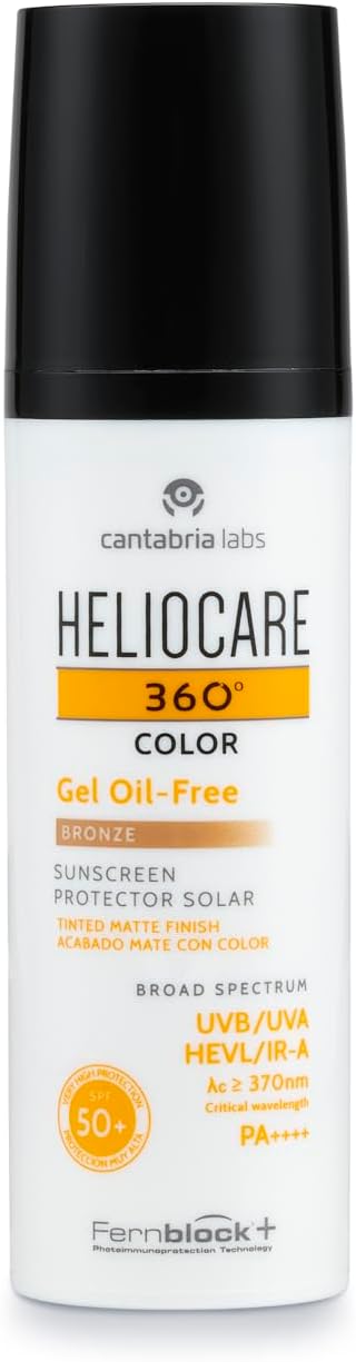 Heliocare 360 Colour Gel Oil-Free Bronze SPF50+ 50ml / Sunscreen For Face/Daily UVA UVB Visible Light Infrared-A Anti-Ageing Sun Protection/Matte Foundation Coverage Greenwize