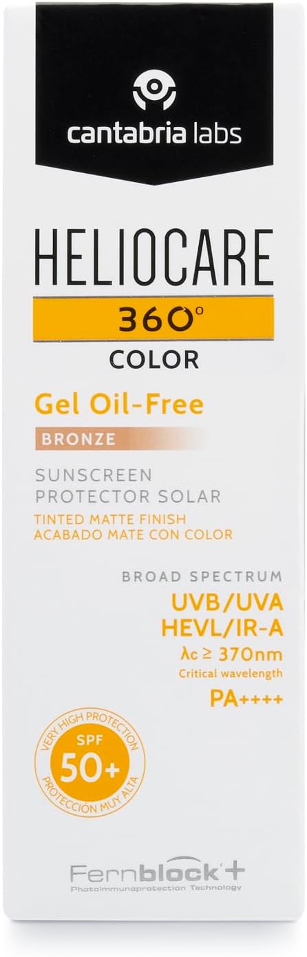 Heliocare 360 Colour Gel Oil-Free Bronze SPF50+ 50ml / Sunscreen For Face/Daily UVA UVB Visible Light Infrared-A Anti-Ageing Sun Protection/Matte Foundation Coverage Greenwize