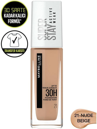 Maybelline New York Super Stay Active Wear, waterproof foundation with high coverage, long-lasting facial make-up, colour: No. 21 Nude Beige (Light), 1 x 30 ml Greenwize