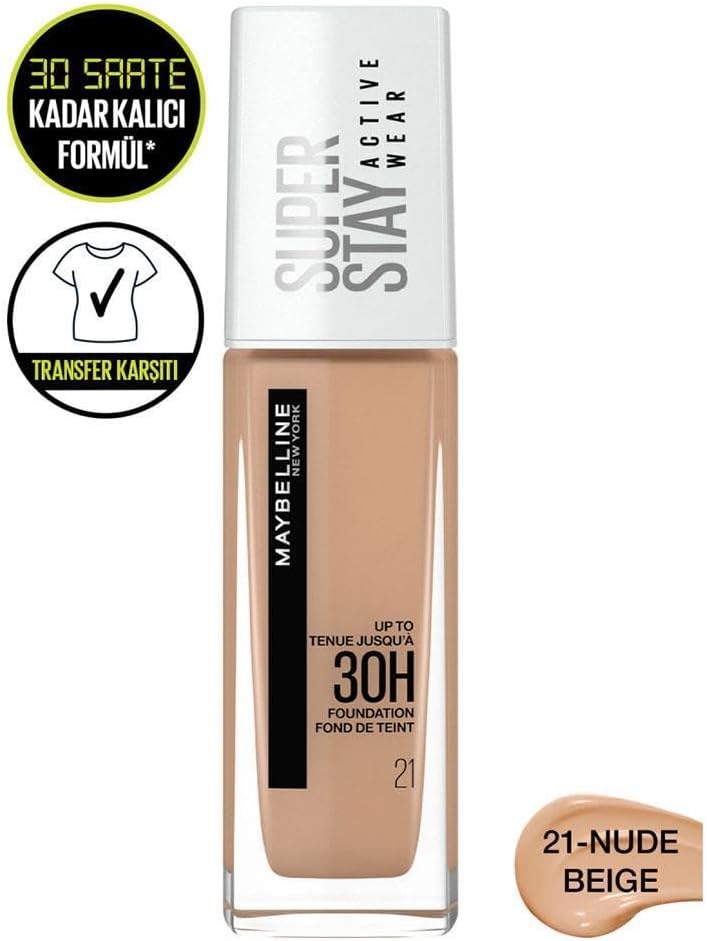 Maybelline New York Super Stay Active Wear, waterproof foundation with high coverage, long-lasting facial make-up, colour: No. 21 Nude Beige (Light), 1 x 30 ml Greenwize