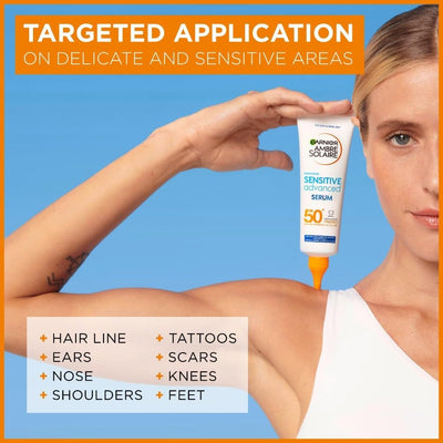 Garnier Ambre Solaire SPF 50+ Sensitive Advanced Sun Protection Serum Face & Body with Ceramide, High Protection UVB UVA, Non-Sticky, No White Cast, Water-Resistant, Fragrance Free 125ml Greenwize