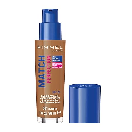 Rimmel Match Perfection Foundation 501 Noisette, Medium Coverage, 24hr Hydration, No Caking or Creasing, Lightweight, Reduces Imperfections, Invisible Coverage, SPF20, Cruelty Free Rimmel